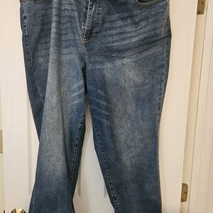 Blue Straight Leg Jeans with Distressed Look